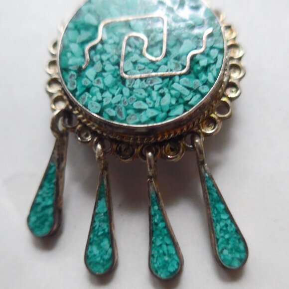Aldaca Mexico crushed turquoise and sterling silver dangle pin pendant - Picture 3 of 11